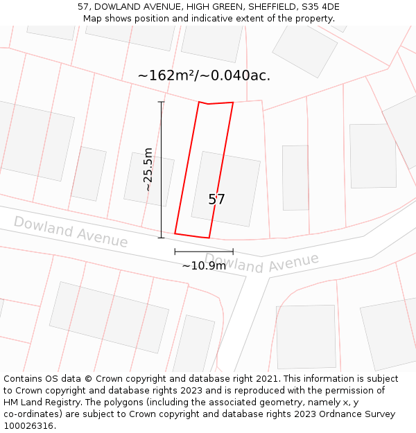 57, DOWLAND AVENUE, HIGH GREEN, SHEFFIELD, S35 4DE: Plot and title map