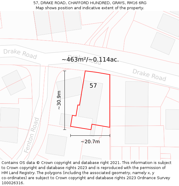 57, DRAKE ROAD, CHAFFORD HUNDRED, GRAYS, RM16 6RG: Plot and title map