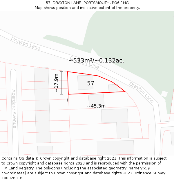 57, DRAYTON LANE, PORTSMOUTH, PO6 1HG: Plot and title map