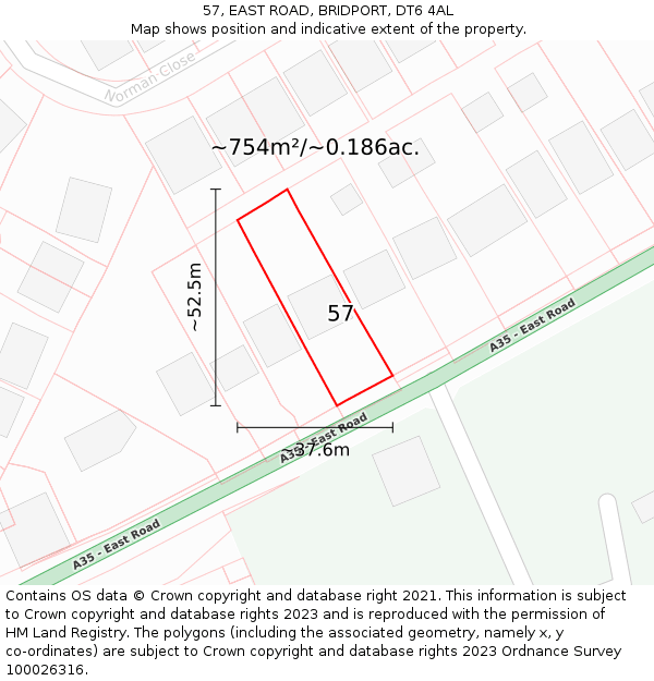 57, EAST ROAD, BRIDPORT, DT6 4AL: Plot and title map