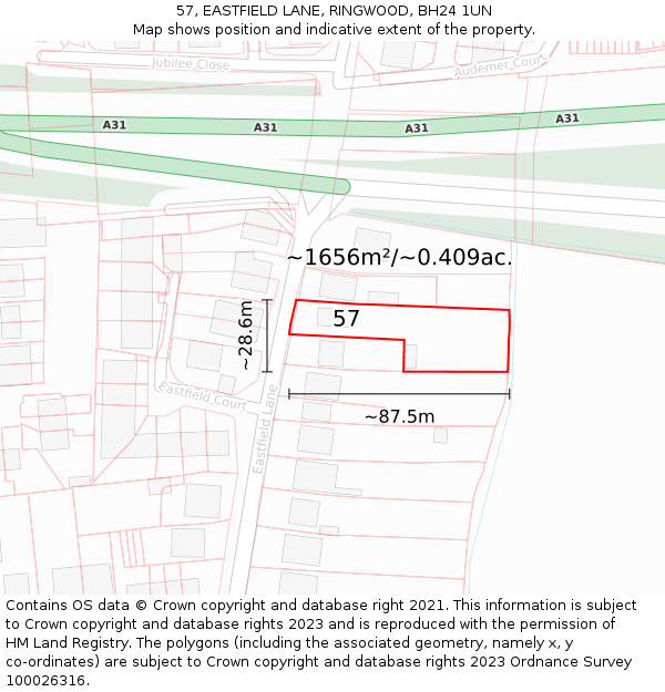 57, EASTFIELD LANE, RINGWOOD, BH24 1UN: Plot and title map