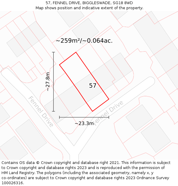 57, FENNEL DRIVE, BIGGLESWADE, SG18 8WD: Plot and title map