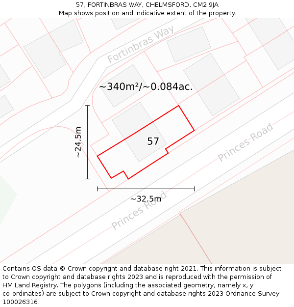 57, FORTINBRAS WAY, CHELMSFORD, CM2 9JA: Plot and title map