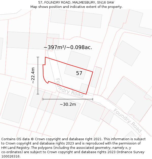 57, FOUNDRY ROAD, MALMESBURY, SN16 0AW: Plot and title map