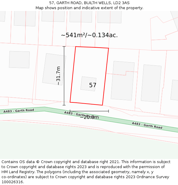 57, GARTH ROAD, BUILTH WELLS, LD2 3AS: Plot and title map