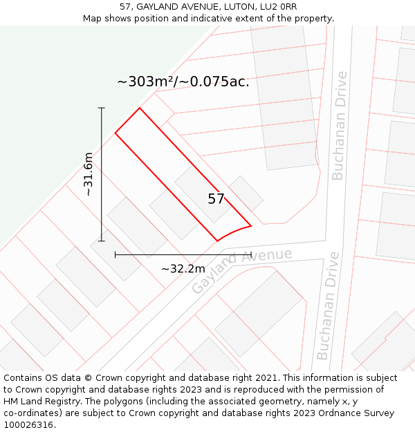 57, GAYLAND AVENUE, LUTON, LU2 0RR: Plot and title map