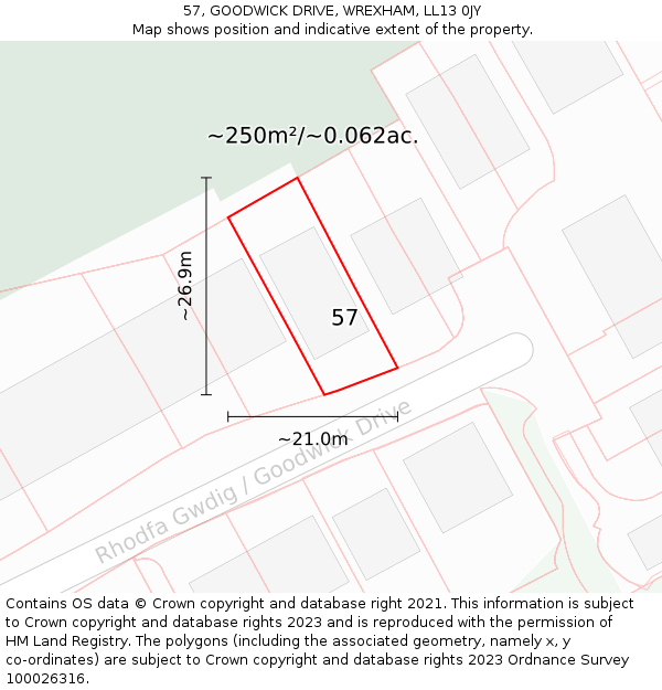 57, GOODWICK DRIVE, WREXHAM, LL13 0JY: Plot and title map