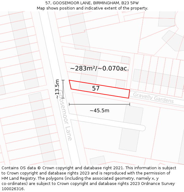 57, GOOSEMOOR LANE, BIRMINGHAM, B23 5PW: Plot and title map