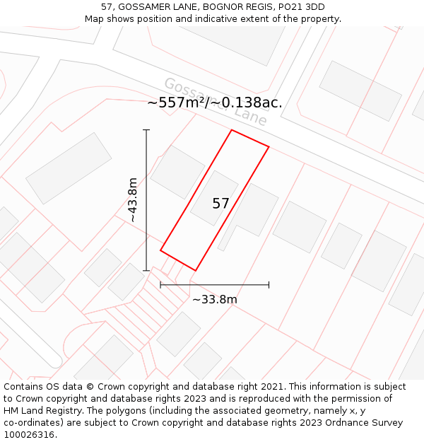 57, GOSSAMER LANE, BOGNOR REGIS, PO21 3DD: Plot and title map