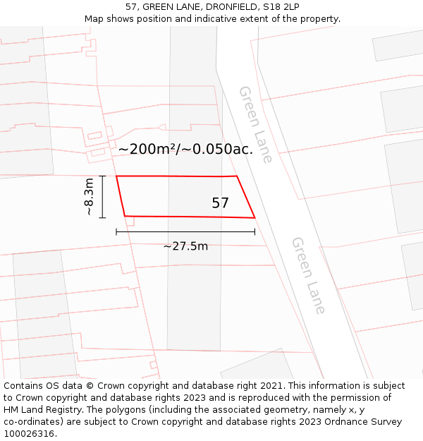 57, GREEN LANE, DRONFIELD, S18 2LP: Plot and title map