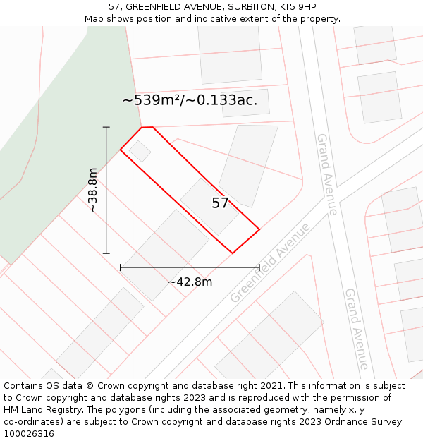 57, GREENFIELD AVENUE, SURBITON, KT5 9HP: Plot and title map