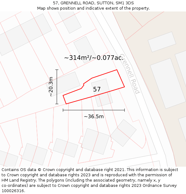 57, GRENNELL ROAD, SUTTON, SM1 3DS: Plot and title map