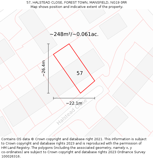 57, HALSTEAD CLOSE, FOREST TOWN, MANSFIELD, NG19 0RR: Plot and title map