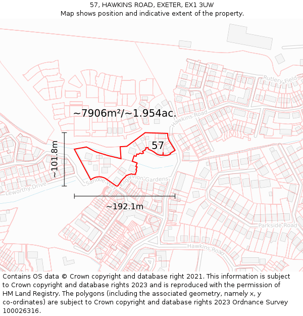 57, HAWKINS ROAD, EXETER, EX1 3UW: Plot and title map