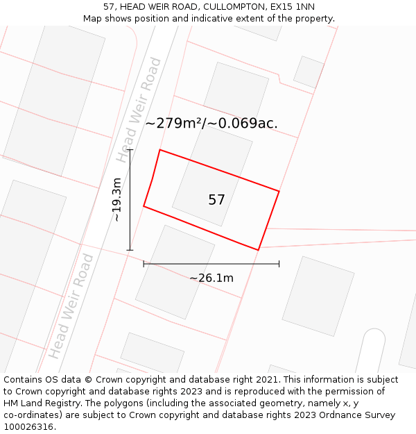 57, HEAD WEIR ROAD, CULLOMPTON, EX15 1NN: Plot and title map