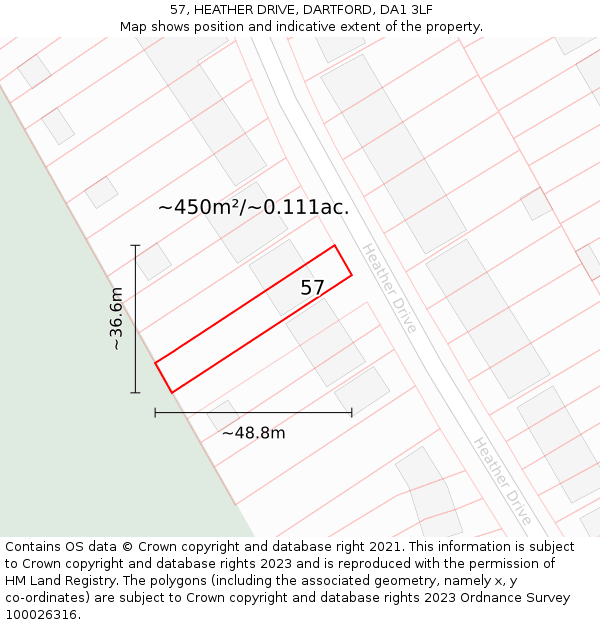 57, HEATHER DRIVE, DARTFORD, DA1 3LF: Plot and title map