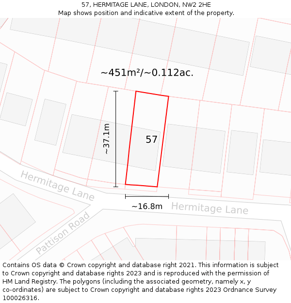 57, HERMITAGE LANE, LONDON, NW2 2HE: Plot and title map