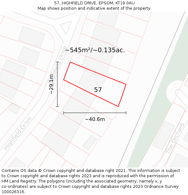 57, HIGHFIELD DRIVE, EPSOM, KT19 0AU: Plot and title map