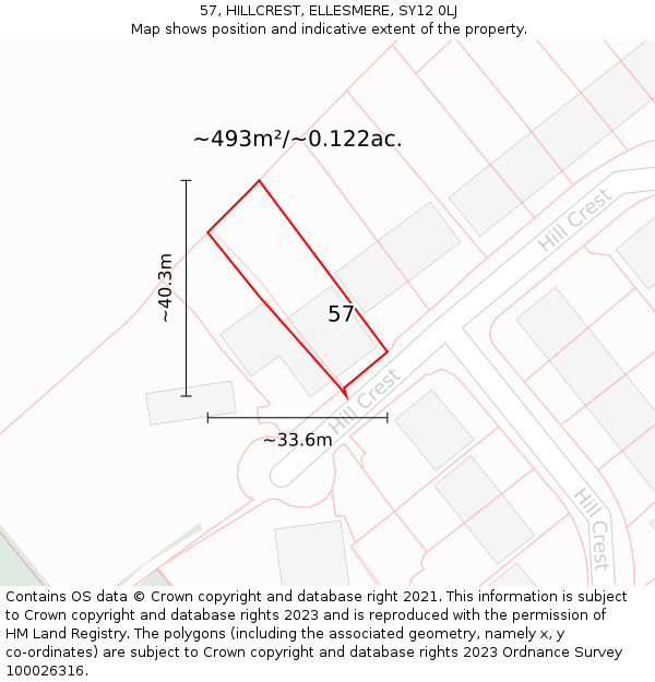 57, HILLCREST, ELLESMERE, SY12 0LJ: Plot and title map