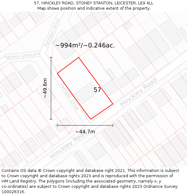 57, HINCKLEY ROAD, STONEY STANTON, LEICESTER, LE9 4LL: Plot and title map