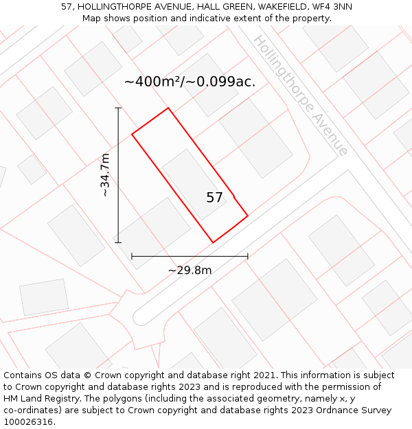 57, HOLLINGTHORPE AVENUE, HALL GREEN, WAKEFIELD, WF4 3NN: Plot and title map