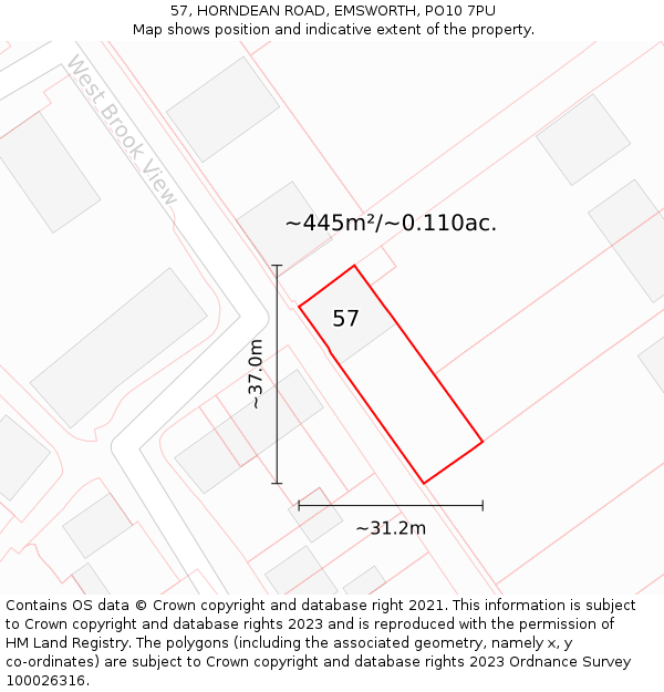 57, HORNDEAN ROAD, EMSWORTH, PO10 7PU: Plot and title map