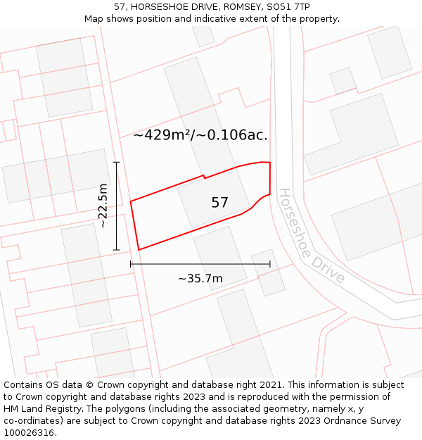 57, HORSESHOE DRIVE, ROMSEY, SO51 7TP: Plot and title map