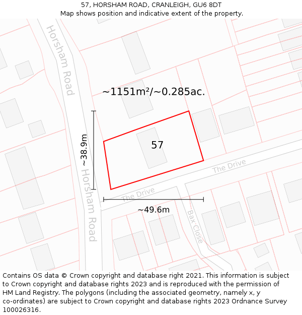 57, HORSHAM ROAD, CRANLEIGH, GU6 8DT: Plot and title map