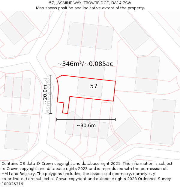 57, JASMINE WAY, TROWBRIDGE, BA14 7SW: Plot and title map