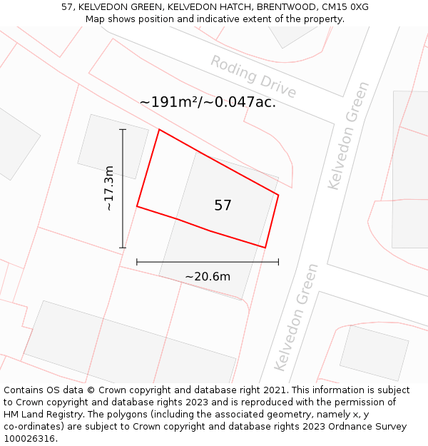 57, KELVEDON GREEN, KELVEDON HATCH, BRENTWOOD, CM15 0XG: Plot and title map