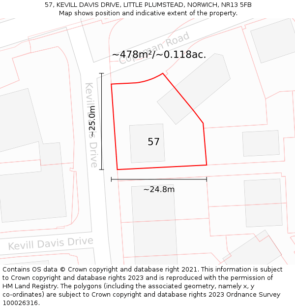 57, KEVILL DAVIS DRIVE, LITTLE PLUMSTEAD, NORWICH, NR13 5FB: Plot and title map