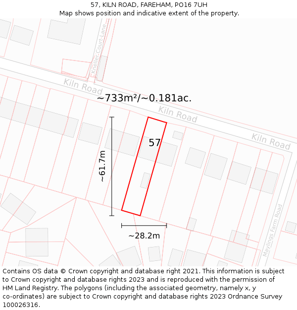 57, KILN ROAD, FAREHAM, PO16 7UH: Plot and title map