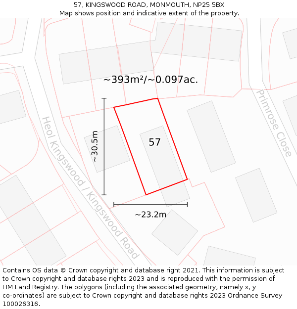 57, KINGSWOOD ROAD, MONMOUTH, NP25 5BX: Plot and title map