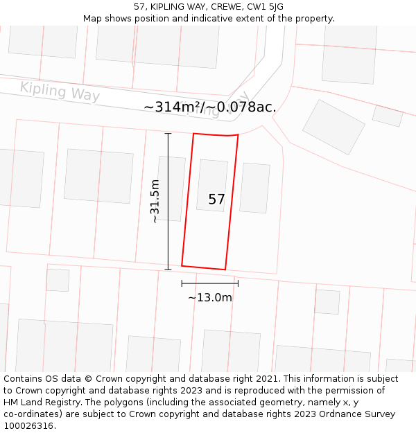 57, KIPLING WAY, CREWE, CW1 5JG: Plot and title map