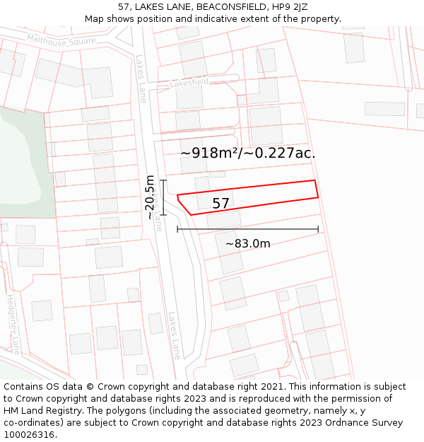 57, LAKES LANE, BEACONSFIELD, HP9 2JZ: Plot and title map