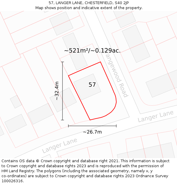 57, LANGER LANE, CHESTERFIELD, S40 2JP: Plot and title map