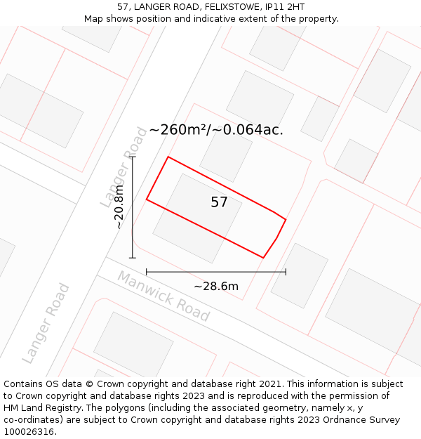 57, LANGER ROAD, FELIXSTOWE, IP11 2HT: Plot and title map