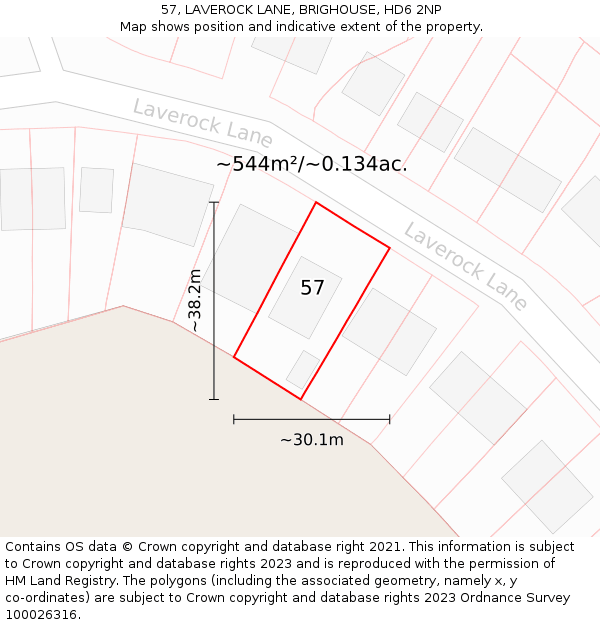 57, LAVEROCK LANE, BRIGHOUSE, HD6 2NP: Plot and title map