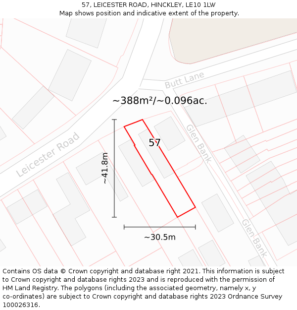 57, LEICESTER ROAD, HINCKLEY, LE10 1LW: Plot and title map