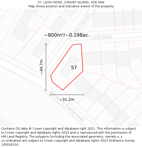 57, LEIGH ROAD, CANVEY ISLAND, SS8 0AW: Plot and title map