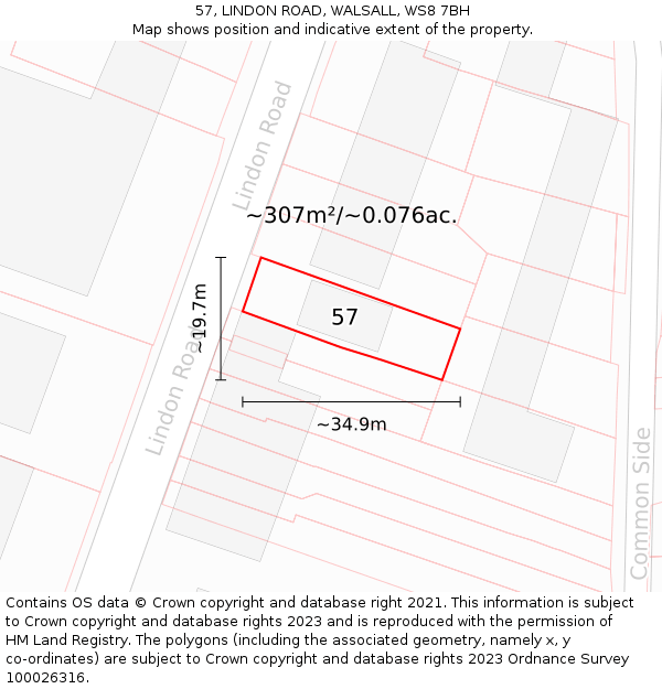 57, LINDON ROAD, WALSALL, WS8 7BH: Plot and title map