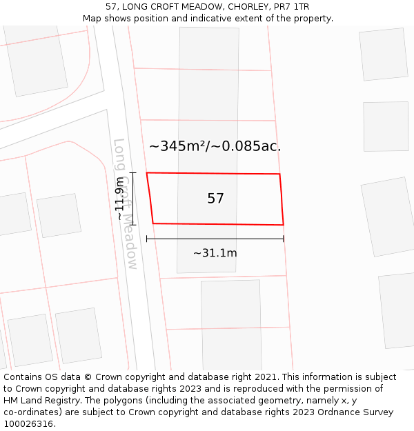 57, LONG CROFT MEADOW, CHORLEY, PR7 1TR: Plot and title map