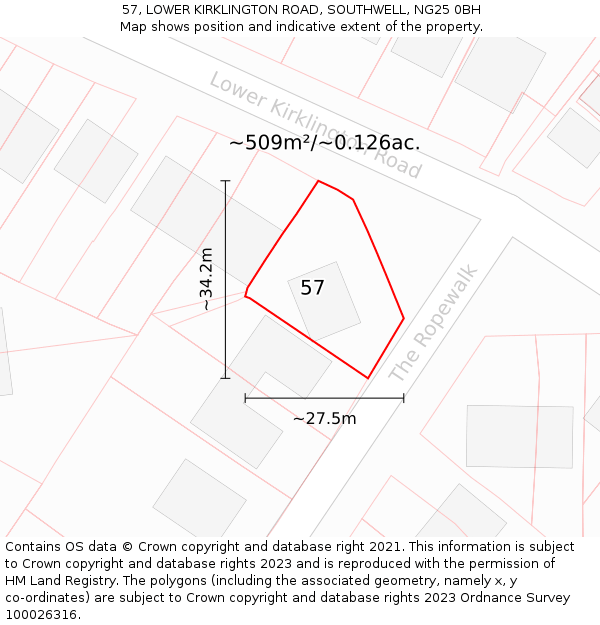 57, LOWER KIRKLINGTON ROAD, SOUTHWELL, NG25 0BH: Plot and title map