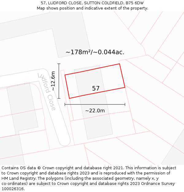 57, LUDFORD CLOSE, SUTTON COLDFIELD, B75 6DW: Plot and title map