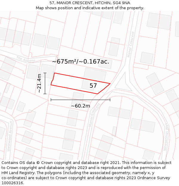 57, MANOR CRESCENT, HITCHIN, SG4 9NA: Plot and title map