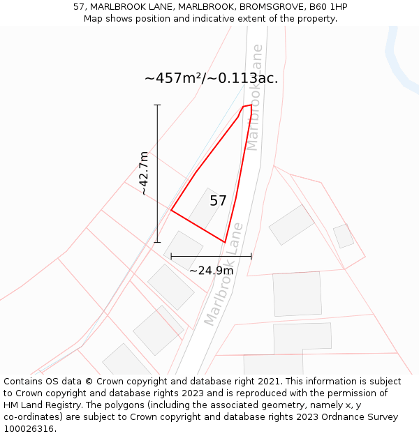 57, MARLBROOK LANE, MARLBROOK, BROMSGROVE, B60 1HP: Plot and title map