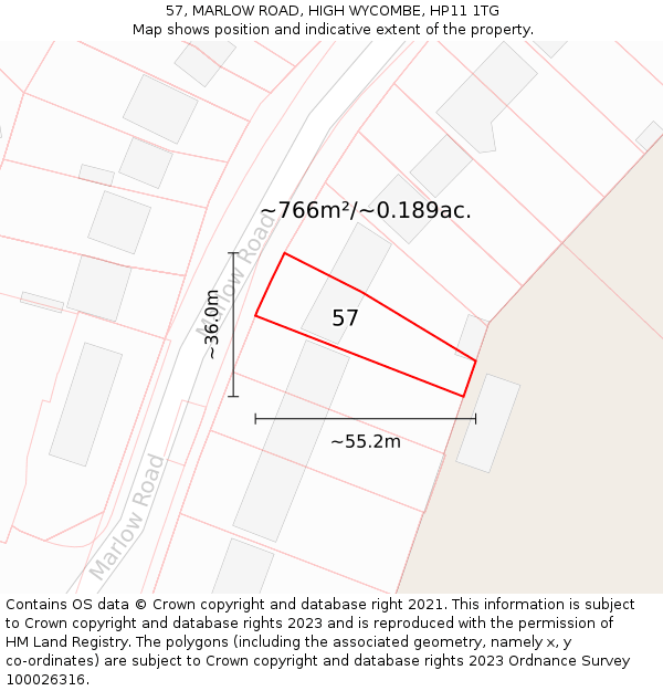 57, MARLOW ROAD, HIGH WYCOMBE, HP11 1TG: Plot and title map