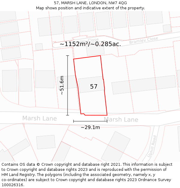 57, MARSH LANE, LONDON, NW7 4QG: Plot and title map
