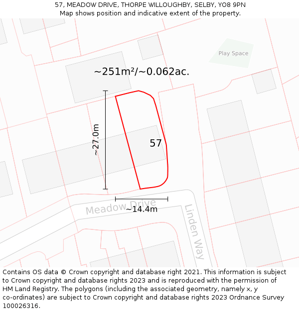 57, MEADOW DRIVE, THORPE WILLOUGHBY, SELBY, YO8 9PN: Plot and title map