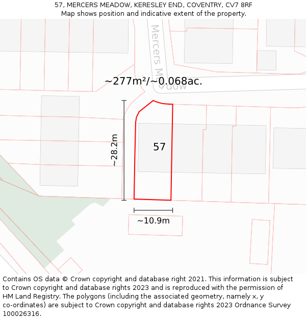 57, MERCERS MEADOW, KERESLEY END, COVENTRY, CV7 8RF: Plot and title map
